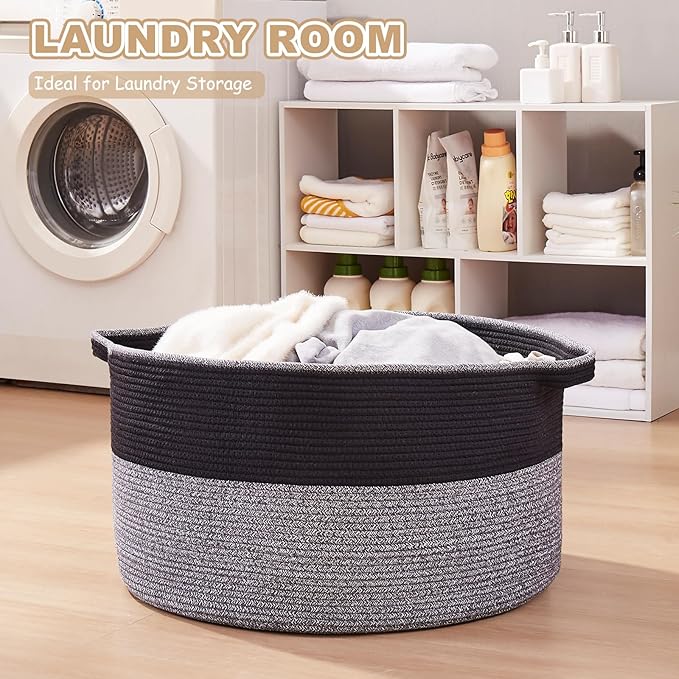 Large Blanket Basket with Handles, 22.8" x 22.8" x 13" Woven Storage Basket for Living Room, Cotton Rope Baby Toy Storage for Clothes, Pillows, Towels-Black and Grey
