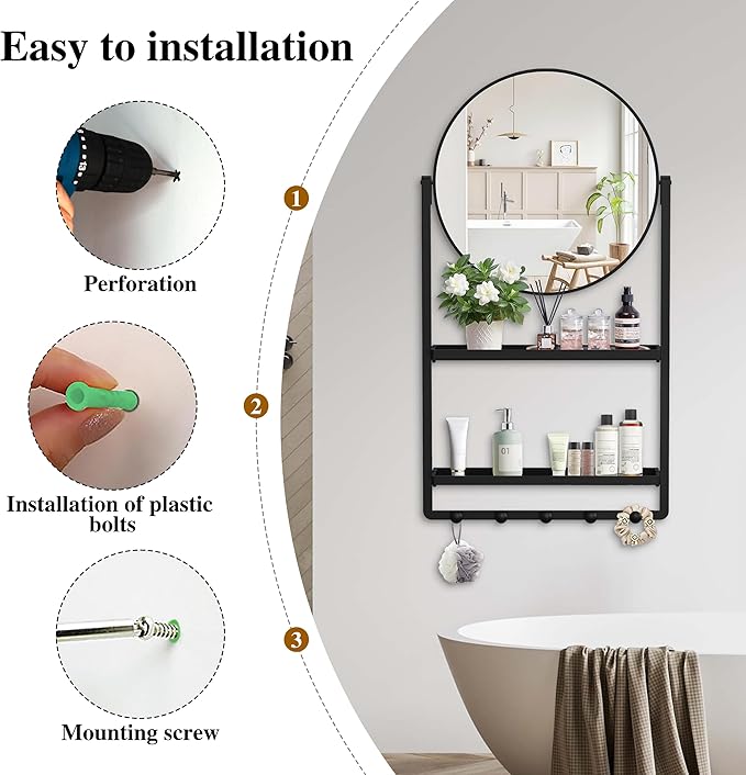 WONSTART 39.5" × 21.7" Black Round Wall Mirror with Shelf and Hooks, 10° Adjustable Tilt Metal Frame Bathroom Mirror with Shelf for Bedroom, Entryway, Living Room