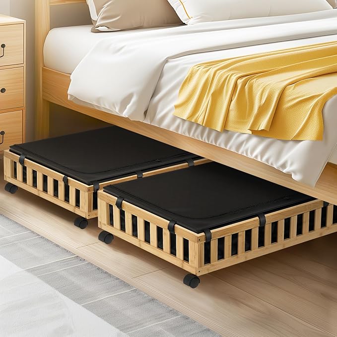 2 Pack Bamboo Under Bed Storage with Wheels, 39âx20âx7.8â Lager Under Bed Storage Containers (Natural)