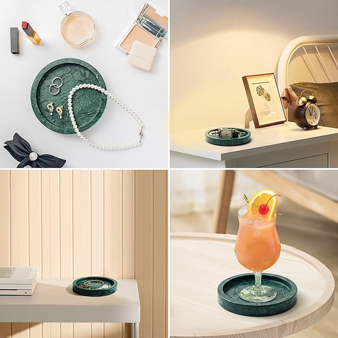 Natural Marble Tray for Rings and Jewelry Dish, 5.91 inch Round Decorative Tray for Kitchen, Vanity, Bathroom,Dressing Table, Bedside Table, Home Decor, Green (NS026)