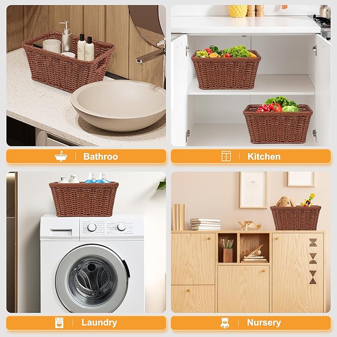 Wicker Basket for Shelves,Waterproof Woven Basket for Pantry,Storage Basket with Built-in Handles,Brown,2-Pack