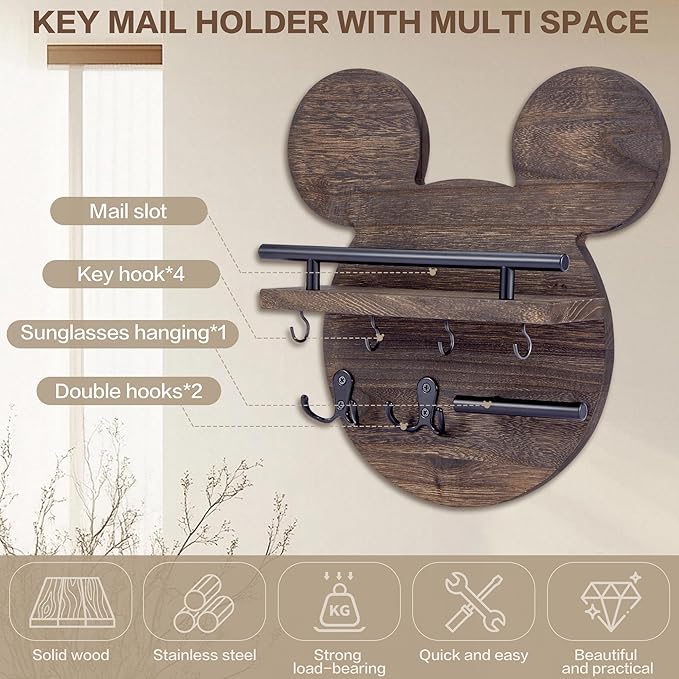 AIRPOP Key Holder for Wall–Mouse Wooden Mail Organizer Wall Mount with Shelf and 6 Hooks, Easy Installation Key Rack Hanger for Entryway Living Room Home Decor (Brown)