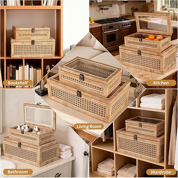 Large Decorative Box Lid Display, Large Keepsake Memory Storage Box, Decorative Box Hinged Lid Woven Rattan Jewelry Box with Glass Boho Vintage Decor Craft Organizer. Rattan