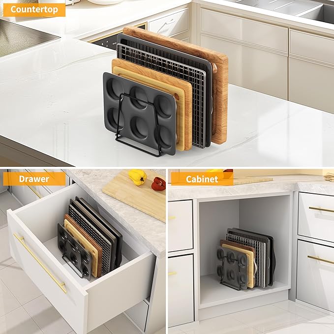 Cutting Board Organizer Kitchen Organizer Rack for Cutting Board, Bakeware, and Cookie Sheet, 5-Slot Heavy-Duty Steel Cookware Holder,Rust-Resistant with Anti-Slip Feet (1, Large)