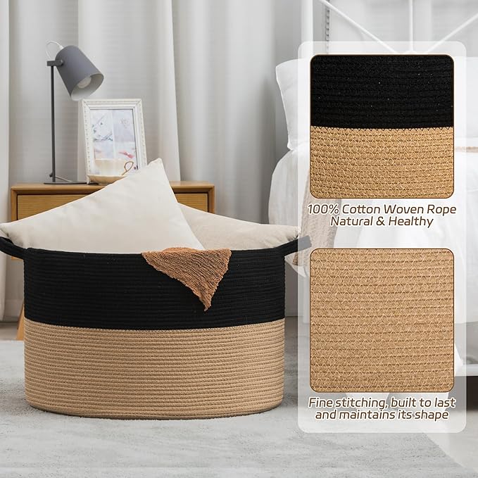 XXXLarge Woven Cotton Rope Basket (21.7" x 13.8") – Blanket Basket for Living Room, Laundry Hamper, Baby Laundry Hamper, Toy Storage, Pillows & Cushions Organizer (Black&Brown)