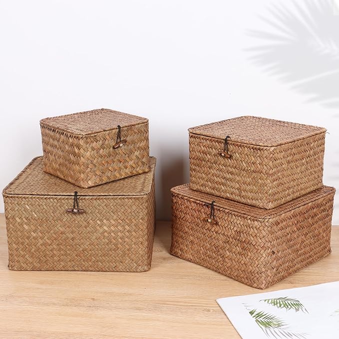 Wicker Shelf Baskets with Lid, Handwoven Seagrass Storage Basket Bins Square Gift Boxes for Shelves Home Decor Organizer (Coffee, Large)