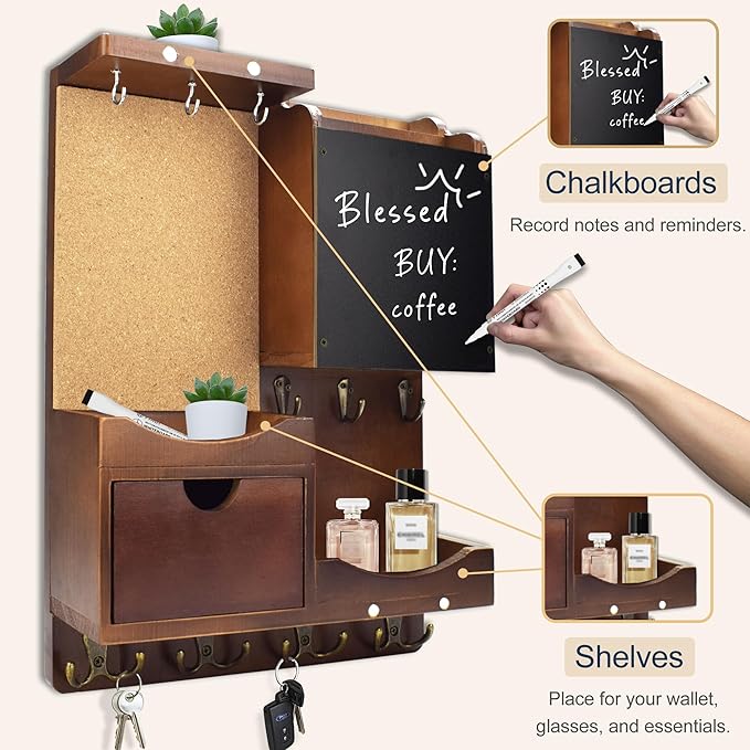 Key Holder Wall Mount， Mail Organizer Key Holder for Wall with Shelf, Drawer, Chalkboard, Corkboard, Home Decor Wall Mounted for Room Entryway(Vintage Brown)