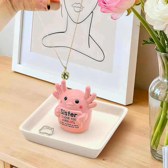 Sister Birthday Gifts for Sister, Axolotl Ring Holder Dish Jewelry Holder for Rings Bracelets Earrings Pink Room Decor Athestic Organiser, Mother's Day Birthday Wedding Valentine's Gifts for Women