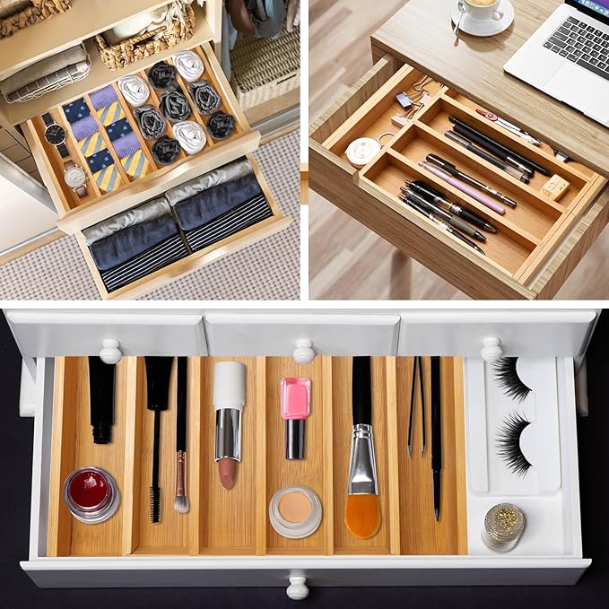 Expandable Large Kitchen Utensil Organizers Bamboo Silverware Drawer Organizer Tray Adjustable Flatware Organizer Fork Spoon Wood Cutlery Tray Cooking Utensils Holder Drawer Divider Silverware Trays