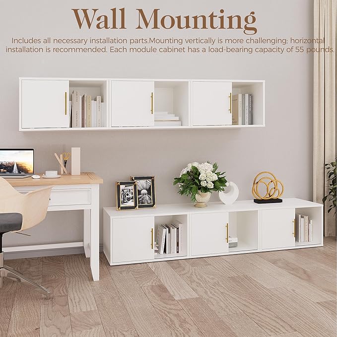 6 Cube Storage Organizer, Stackable Cubby Storage Organizer, Open Shelf Bookcase with Sliding Door, White Wood Bookshelves for Living Room, Bedroom and Apartment, Wall Mounted