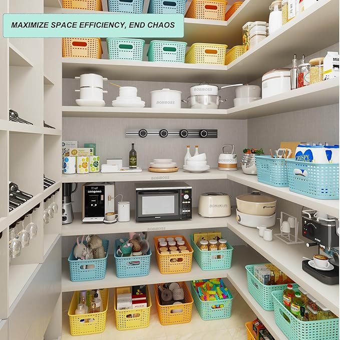 Plastic Storage Basket for Organizing 12 Pack Small Colored Storage Bins Container for Shelves, Colorful Shelf Baskets with Handles for Organization