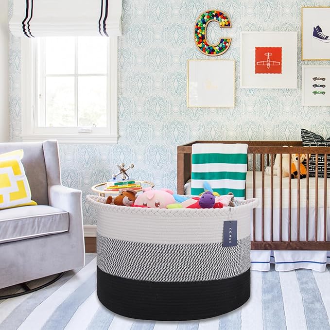 COMSE Extra Large Blanket Basket, Woven Laundry Basket, 21.7âx 13.8â, Nursery Hamper, Cotton Rope Laundry Hamper Living Room for Storage Toys Clothes Towels (White &Gray &Black)