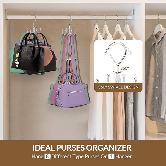 ZEDODIER Purse Hanger Organizer for Closet, Rotatable Sturdy Purses Holder Holds 8 Bags, Metal Space Saving Closet Organizers and Storage, Silver