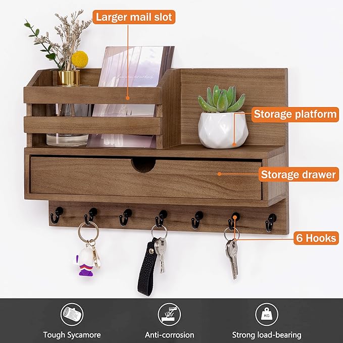 Key and Mail Holder for Wall, Mail Organizer Wall Mount with 6 Hooks and Storage Drawer, Wooden Key Rack Hanger with Shelf for Entryway and Home Decor