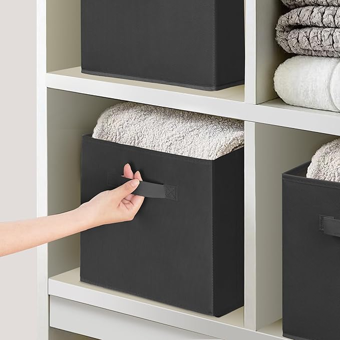 11 Inch Fabric Storage Cubes, Sturdy Foldable Storage Bins, Heavy Duty Cube Organizer for Clothes, Blankets, Shelves, Closets, Bedroom, Living Room, Black, 7 Pack