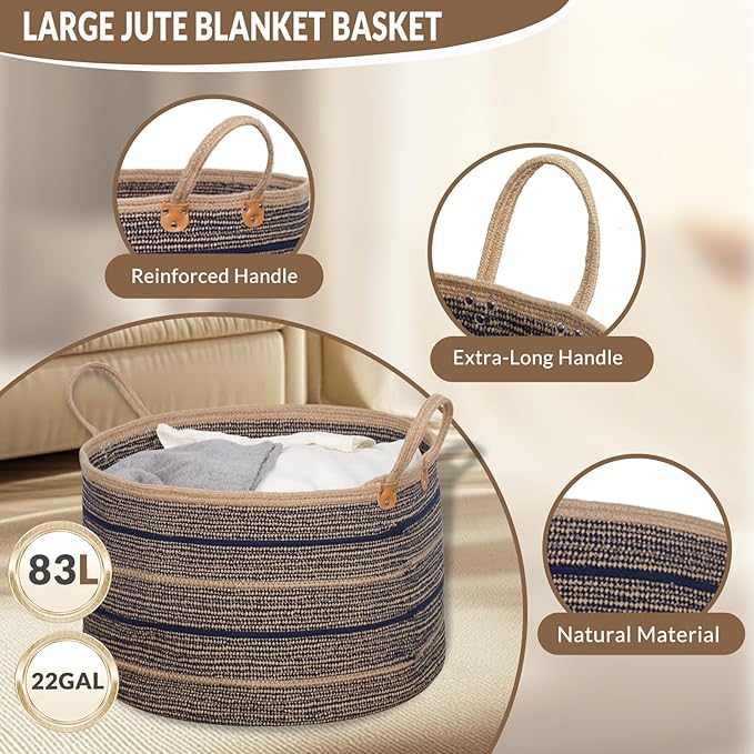 Sapphire Blue Large Blanket Basket, 22"x22"x14" | Jute Blanket Basket Living Room, Laundry, Nursery | Toy Basket for Blankets, Toys, Hand Woven Crafted (Brown&Blue)