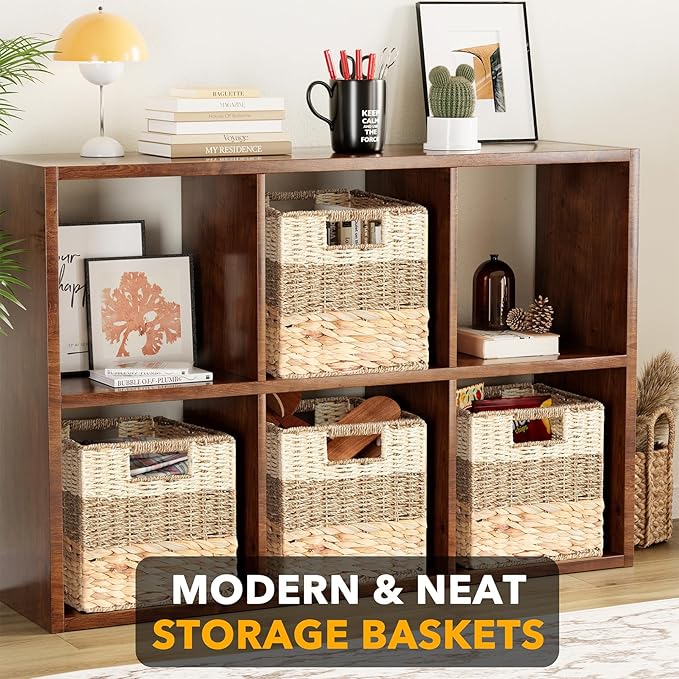 SpaceAid 4 Pack 3 Pattern Design Wicker Basket, Baskets for Organizing, Storage Rattan Basket with Handles for Shelves, Woven Cube Storage Bin Organizer, 10.5x10.5x10.5 inch, Natural