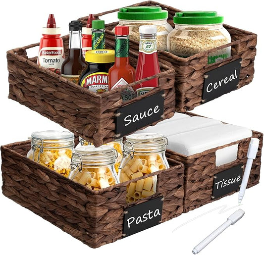 Set of 4 Sizes Hand-Woven Pantry Shelf Baskets, Hyacinth Storage Baskets with Chalkboard Labels & 2 Chalk Markers, Wicker Nestable Basket Set for Organizing Pantry Kitchen Laundry Shelves (Brown)