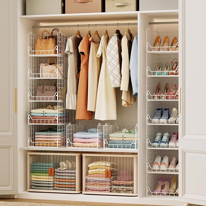 6-Tier Closet Shelf Organizer,Metal Stackable Closet Organizers and Storage,Clothes Storage Bins,Shelf Organizer Basket ,Folded Shelf Organizer for Closet Wardrobe,White