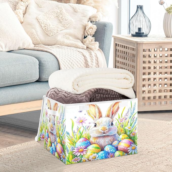Collapsible Storage Bins with Lids Decorative Fabric Storage Cubes Closet Organizer and Storage Basket Boxes Containers for Clothes Box Chest Nursery Folding Rectangle Colorful Bunny Eggs