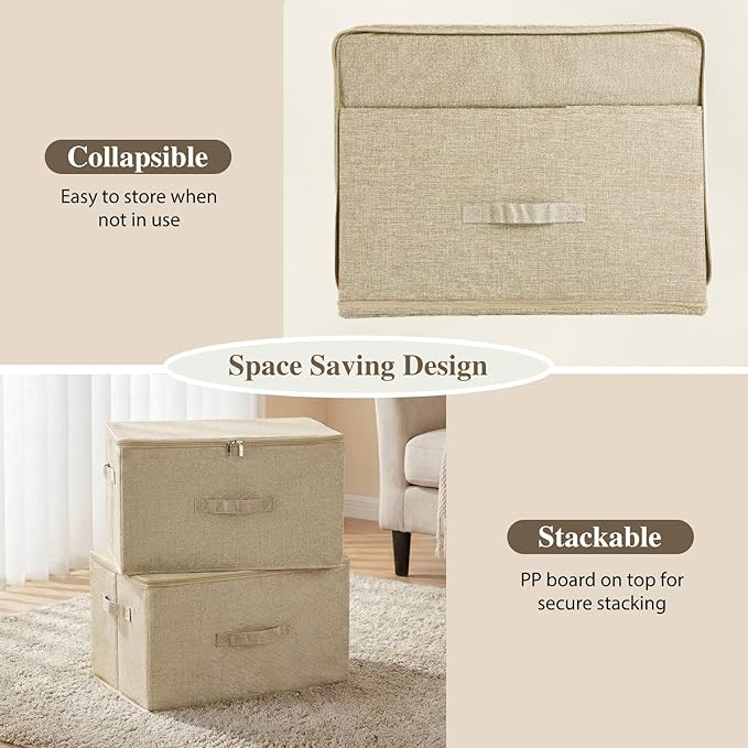 ANMINY Storage Bins with Zipper Lids 51.9 Qt Lidded Fabric Storage Boxes Baskets Cubes with Handles Collapsible Washable Cotton Linen Closet Shelf Clothes Organizer - Beige, Extra Large