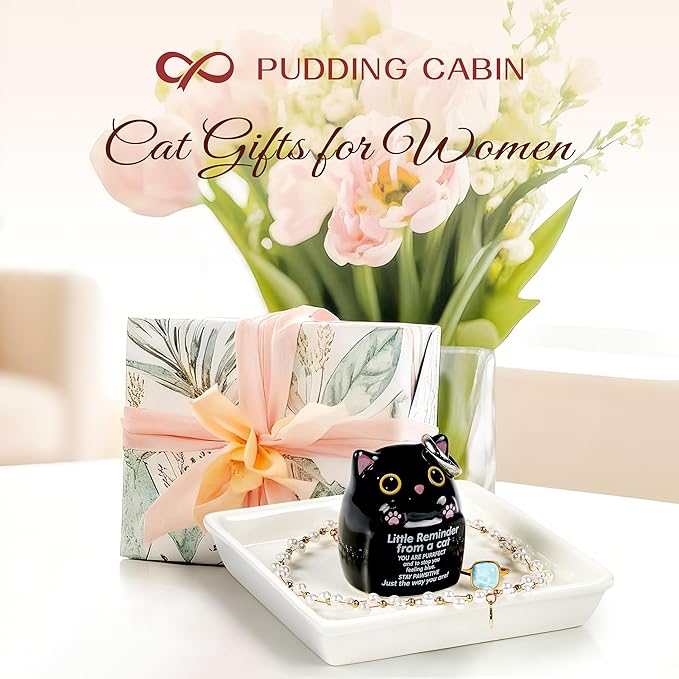 PUDDING CABIN Cat Gifts for Women Ring Holder Stay Pawsitive Motivational Gifts for Women Mom Friend Sister, Birthday Mothers Day Gifts for Cat Mom, Inspirational Gifts for Black Cats Lovers