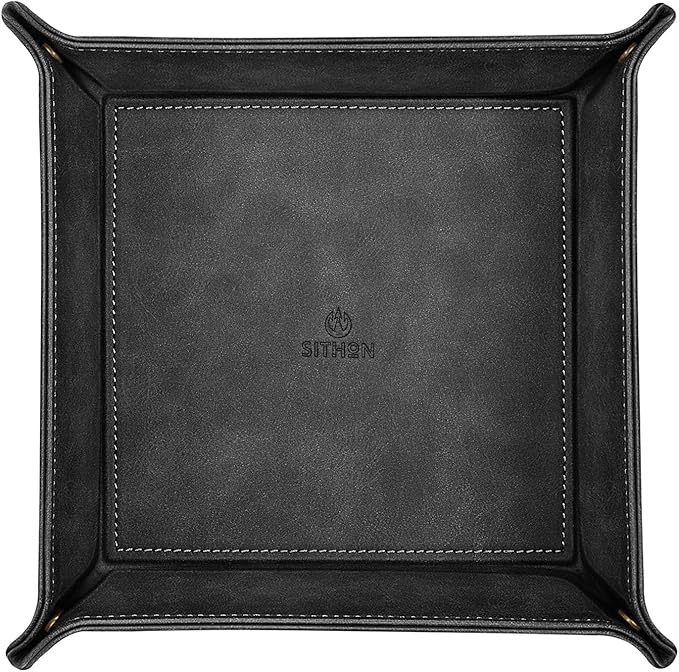 SITHON Valet Tray Desktop Storage Organizer â Premium PU Leather Catchall Bedside Vanity Tray Nightstand Caddy Holder for Keys, Phone, Wallet, Coin, Jewelry, Valentine's Day Gift, Black