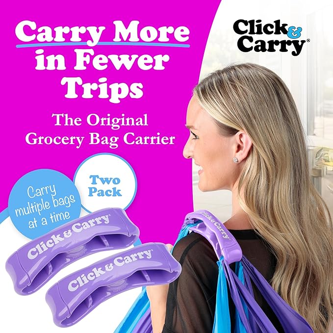 Click & Carry Grocery Bag Carrier Handle - Carry More in Fewer Trips, 100lb Capacity, Hands-Free, Gel-Padded Ergonomic Design, Shopping & Grocery Bag Holder - As Seen On Shark Tank, Purple, 2 Pack