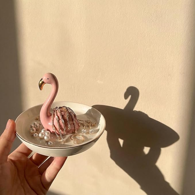 Flamingo Jewelry Holder & Ceramic Ring Dish â Pink Tropical Decor for Kitchen Sink or Vanity â Cute Engagement, Birthday, or Motherâs Day Gifts for Women & Girls â Gold-Rimmed Tray