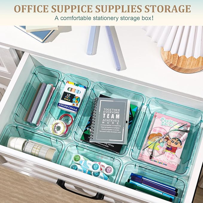 20 Pcs Adjustable Clear Drawer Organizer, All Extendable Vanity Storage Bins, Desk Drawer Organizer Set for Makeup, Cosmetics, Bedroom, and Gadgets, Blue