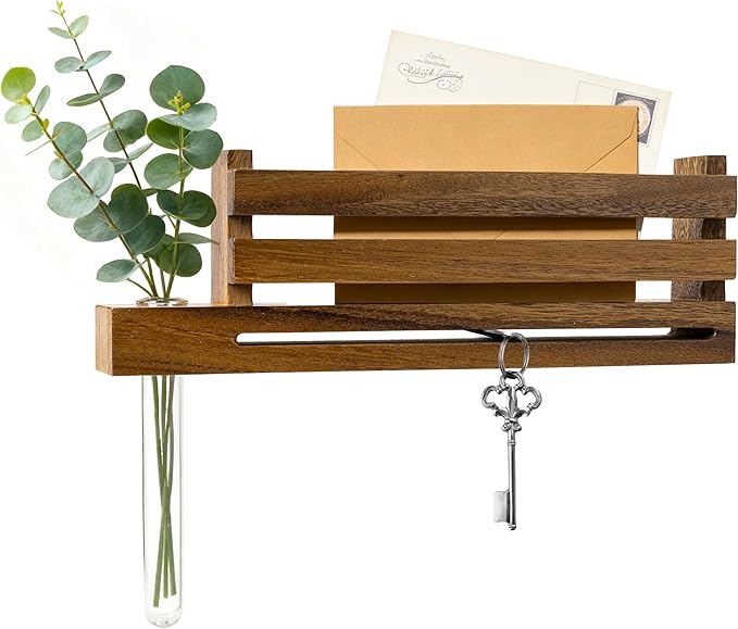AELS Solid Walnut Wall Mounted Key Holder with Acrylic Vase & Mail Organizer, Wooden Entryway Key Rack with 5.9" Test Tube Vase, Decorative Key Hanger with Slot for Keys and Letters, Brown, Gift Idea