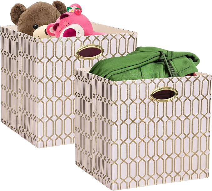 Posprica Storage Bins, Storage Cubes,13Ã13 Fabric Drawers Organizer Basket Boxes Containers (13Ã13Ã13/2pcs, Cream/gold geometry Pattern)