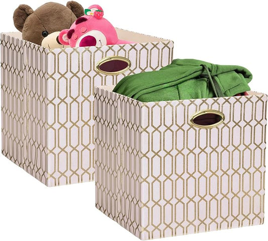 Posprica Storage Bins, Storage Cubes,13Ã13 Fabric Drawers Organizer Basket Boxes Containers (13Ã13Ã13/2pcs, Cream/gold geometry Pattern)
