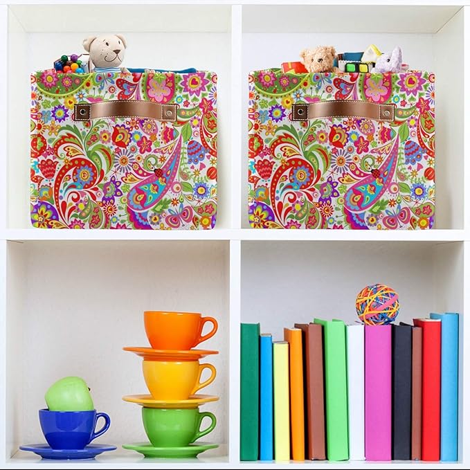 AUUXVA Storage Basket Colorful Paisley Flower Floral Storage Cube Box Durable Canvas Collapsible Toy Basket Organizer Bin with Handles for Shelf Closet Bedroom Home Office