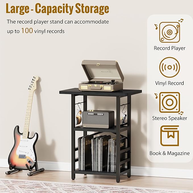 Record Player Stand with Extended Desktop,Large Record Player Table with Vinyl Storage,Turntable Stand with Record Holder Vinyls Display Shelf for Music Room Studio,Modern Black