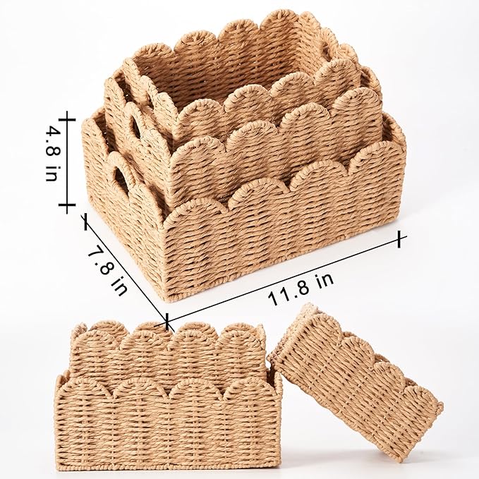 Scalloped Wicker Baskets, Set of 3 Hand-Woven Storage Baskets with Handles - Paper Rope Shelf Organizers & Decorative Baskets for Shelves, Closet, Bathroom (Tanï¼