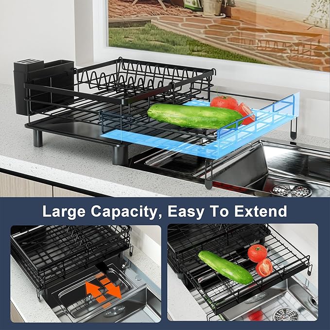 Expandable Dish Drying Rack - Stainless Steel Dish Rack for Kitchen Counter, Space Saving Dish Drainer w Utensil Holder, Drainboard(A-Black)