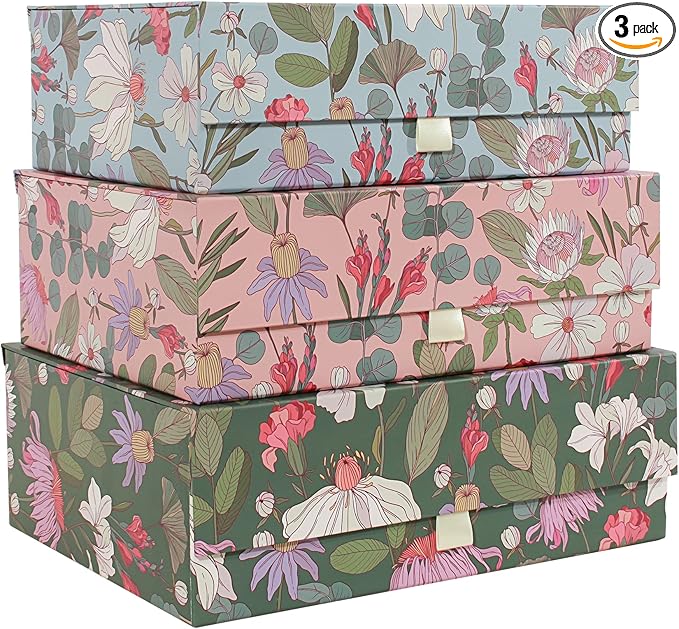 3-Piece Decorative Storage Boxes with Lids, Magnet and Ribbon, Blue, Green, Pink, Floral, Cardboard Paper Keepsake box Set, Photo Storage Box for Memory, Modern Stylish Home Decor