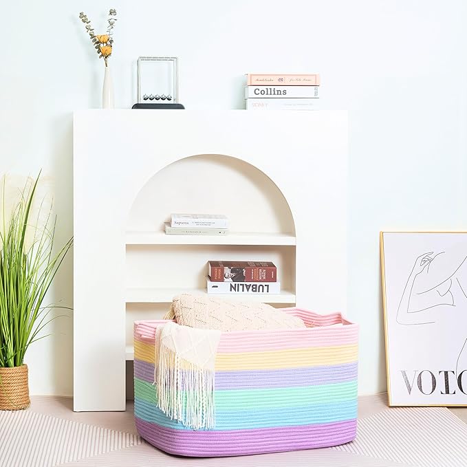 MINTWOOD Design 22in Extra Large Blanket Basket Holder Living Room, Rectangle Rope Woven Storage Basket with Handles for Laundry, Pool Towels, and Shoes, Dog Toy Organizer Bin Box, Pastel Rainbow