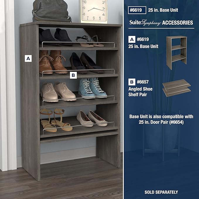 ClosetMaid SuiteSymphony Wood Shoe Shelves Set, Add On Accessory, Angled, Shoe Fence, for 25 in. Units, Graphite Grey/Satin Nickel