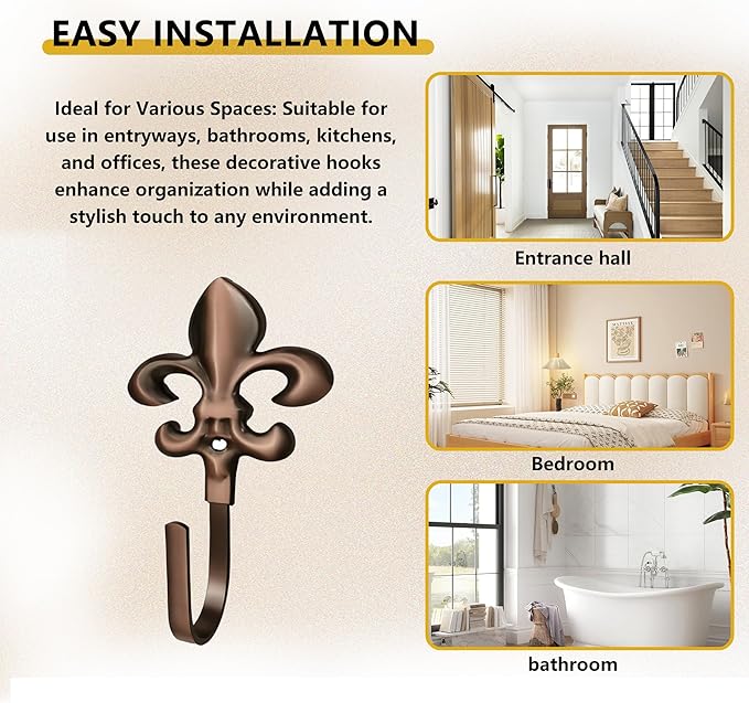 Decorative Wall Hooks for Hanging Things, Vintage Fleur De Lis Metal Coat Hooks, Heavy Duty Bronze Rustic Hooks for Key, Jewelry, Curtain Tie Backs, Towel, Hat, Small Decorative Hardware 4 Pack