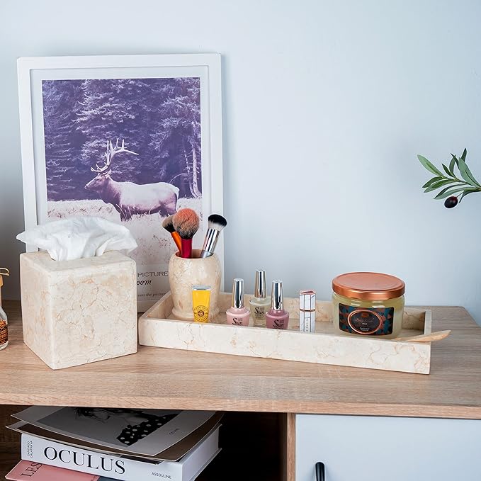 Creative Home Natural Java Marble Tray Handcrafted Stone Organizer for Bathroom Vanity Office Entryway Not Plastic Elegant Catchall for Skincare Jewelry Stationery, 6.5 x 16.5 x 1.5 H Inch