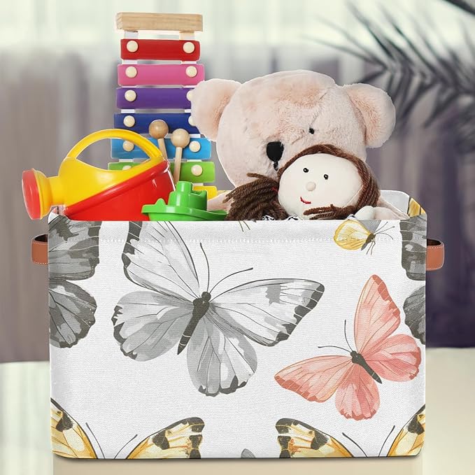 Cute Storage Bins for Organization, Canvas Book Storage Bins Handles, Bedroom Shelves Decorative Baskets for Organizing, Fabric Cube Bin Classroom Dorm Closet Organizer Box (Butterflies)