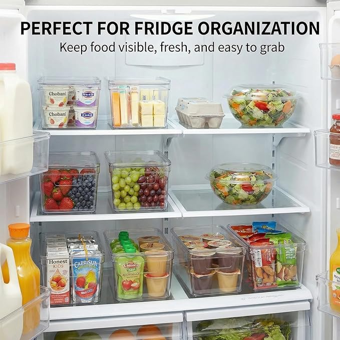 MOONEDGE Small Clear Plastic Storage Bins with Lids and Handles – Stackable Clear Organizer Bins for Refrigerator, Kitchen, Pantry, Bathroom, Closet, Laundry Room, Office – 4 Pack (10×6×5 in)