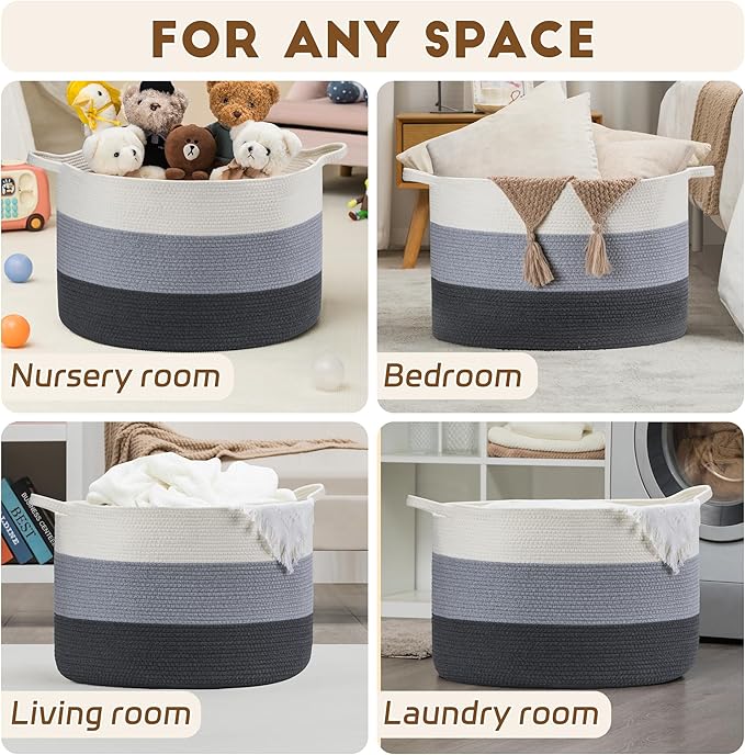 XXXLarge Woven Cotton Rope Basket (21.7" x 13.8") 90L – Blanket Basket for Living Room, Laundry Hamper, Baby Laundry Hamper, Toy Storage, Pillows & Cushions Organizer (White & Blue)