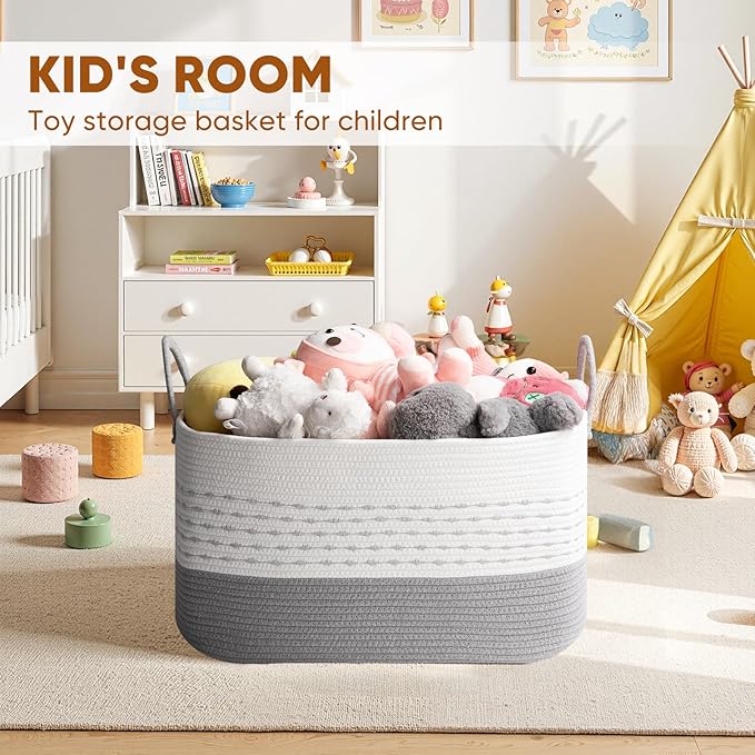 Large Blanket Basket for Living Room, 75L Woven Storage Baskets for Organizing, Rectangle Cotton Rope Toy Basket With Handles-Grey & White