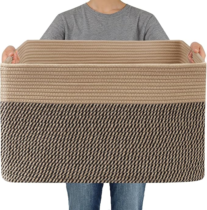 Woven Blanket Basket,96L Large Storage Bin for Blankets Toys Clothes,Decorative Rope Basket for Living Room Bedroom with Handles, Jute&Black