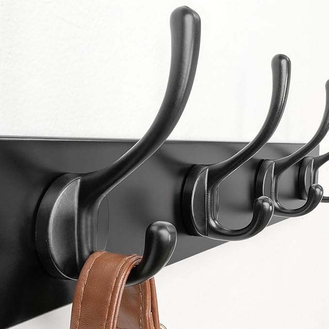 Dseap Wall Mounted Coat Rack: 16" Hole to Hole, Coat Hook Hanger with 5 Metal Hooks for Hanging Coats Towels Hats Clothes, Black, 2 Packs