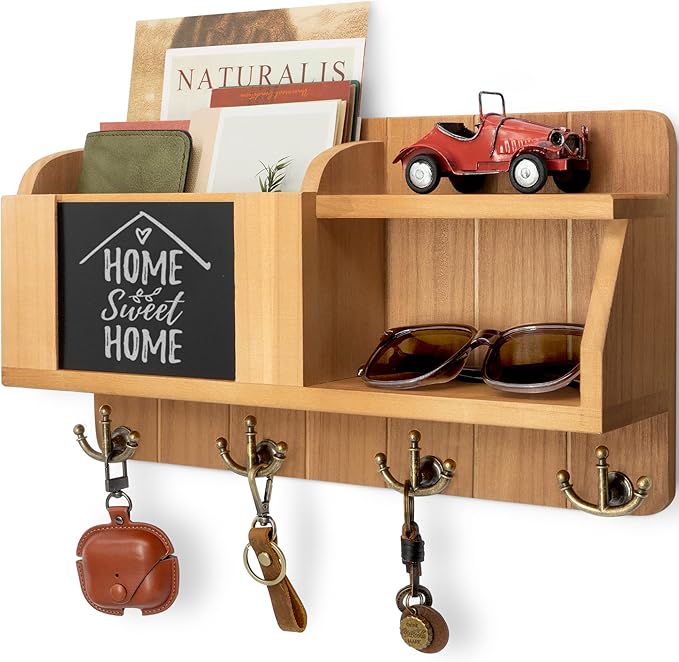 Rebee Vision Farmhouse Key Holder for Wall - Mail Organizer with Chalkboard with 4 Hooks - Rustic Key Hanger for Home Decor
