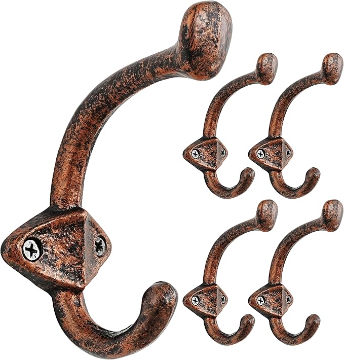 Dseap Cast Iron Wall Hooks L=5”, Heavy Duty Coat Hooks, Rustic Vintage Farmhouse Hook for Hanging Winter Coats Jackets Towels Hats Bags Plants, Antique Copper, Pack of 5 (ShieldBold)